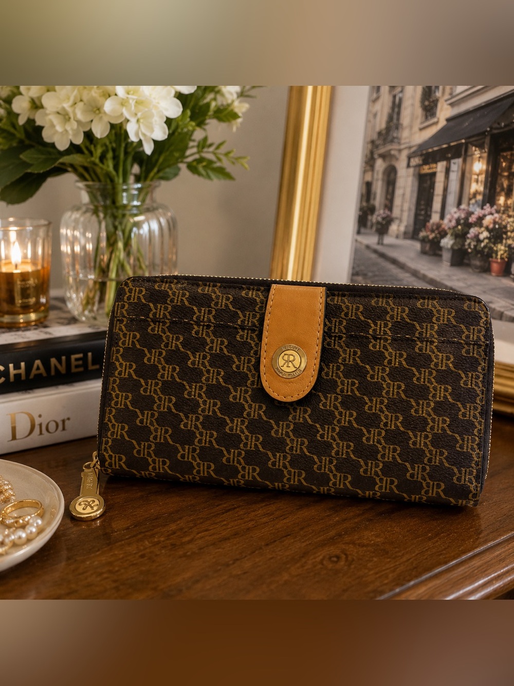Rioni Moda Italia Signature Monogram Zip Around Wallet Brown Leather